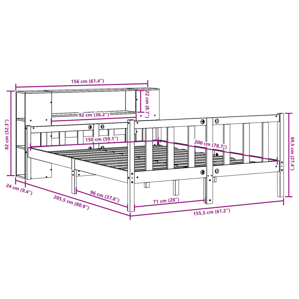 Lit Bibliothèque Sans Matelas Cire Marron 150X200Cm Bois Massif