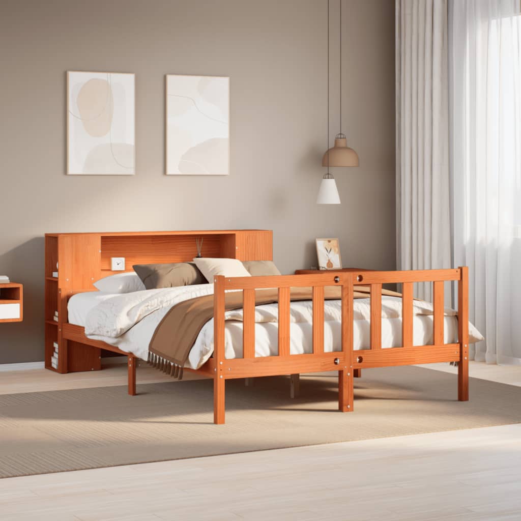 Lit Bibliothèque Sans Matelas Cire Marron 150X200Cm Bois Massif