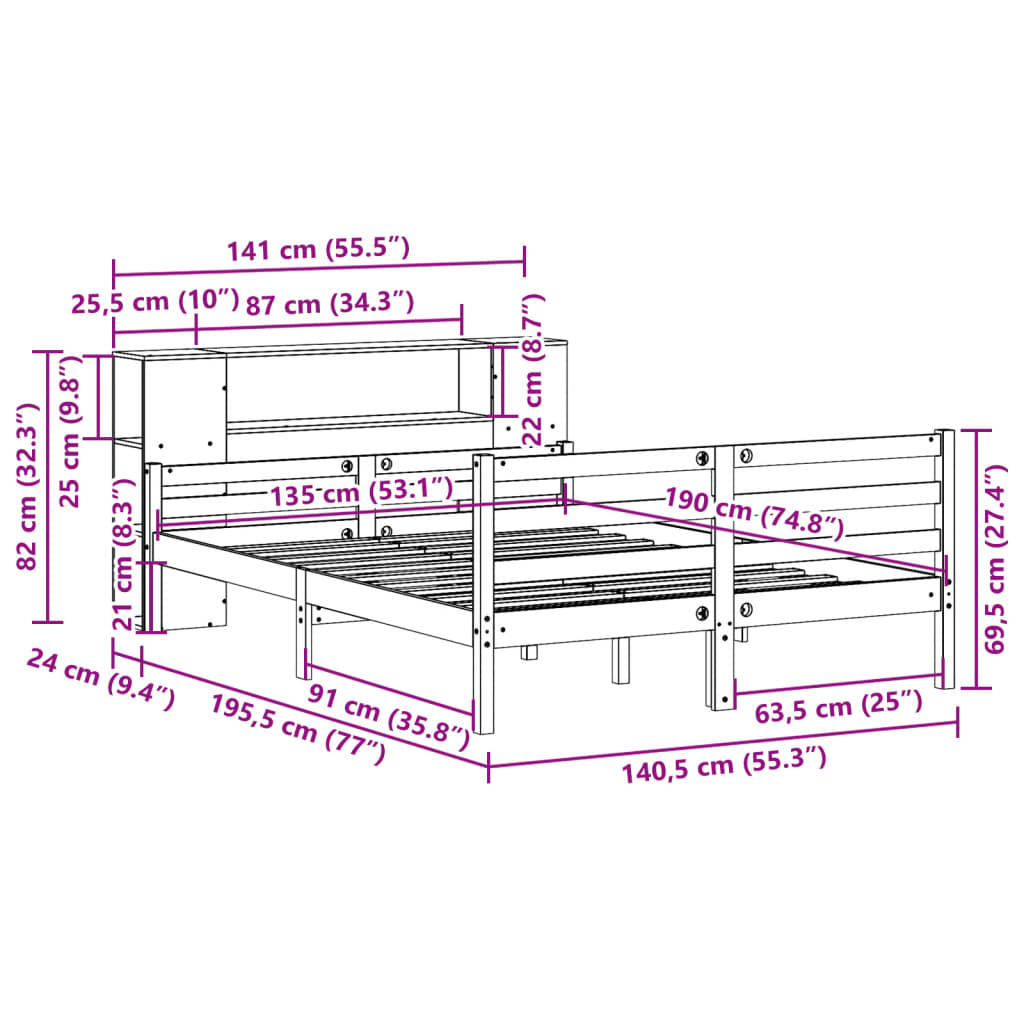 Lit Bibliothèque Sans Matelas 135X190 Cm Bois De Pin Massif