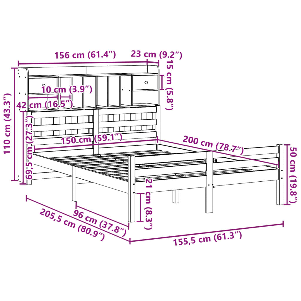 Lit Bibliothèque Sans Matelas Blanc 150X200 Cm Bois Pin Massif