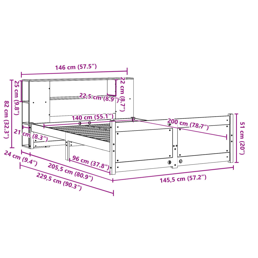 Lit Bibliothèque Sans Matelas Blanc 140X200 Cm Bois Pin Massif