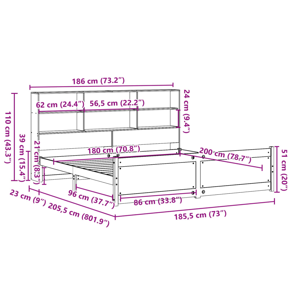 Lit Bibliothèque Sans Matelas Blanc 180X200 Cm Bois Pin Massif