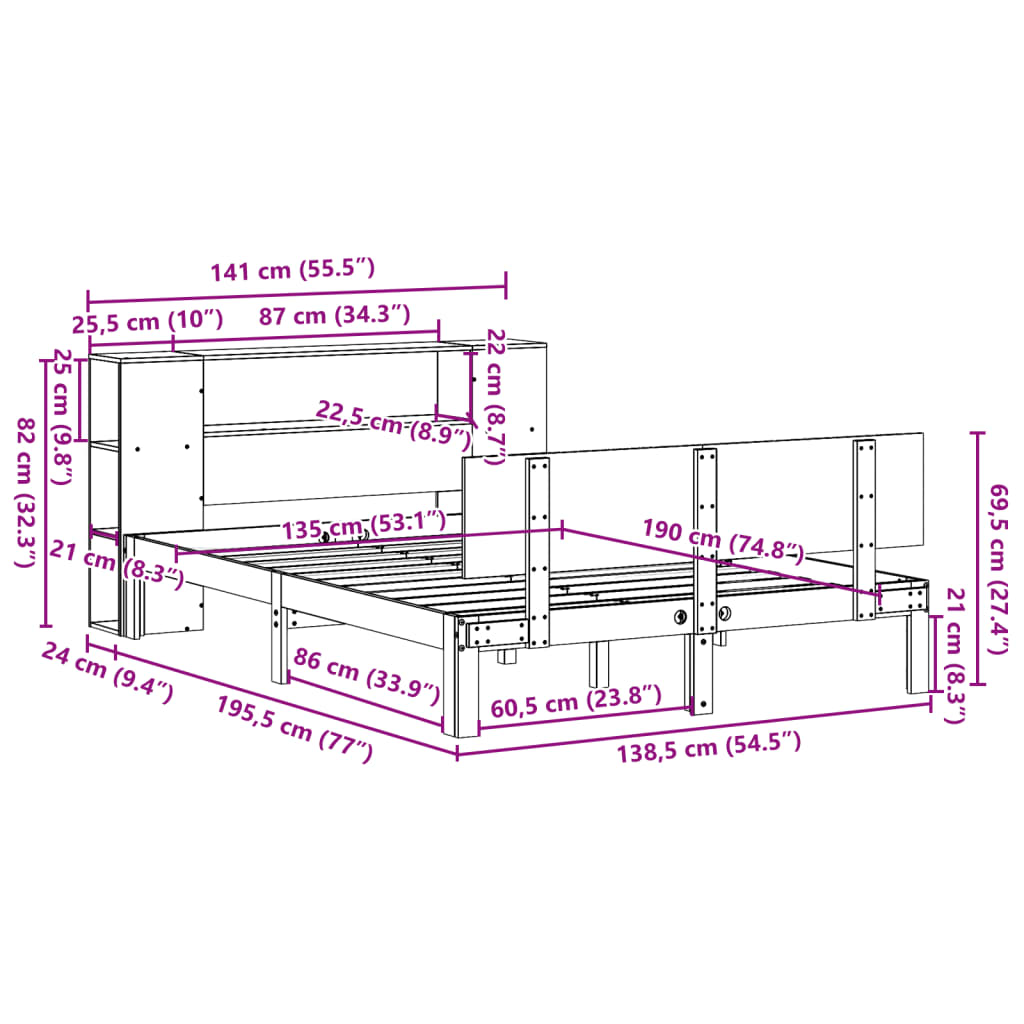 Lit Bibliothèque Sans Matelas 135X190 Cm Bois De Pin Massif