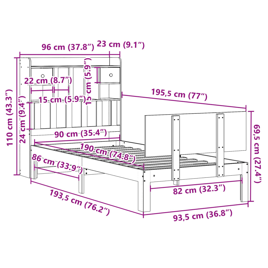 Lit Bibliothèque Sans Matelas Blanc 90X190Cm Bois De Pin Massif
