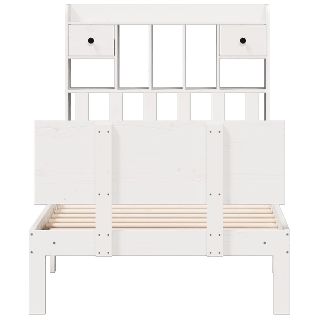 Lit Bibliothèque Sans Matelas Blanc 90X200Cm Bois De Pin Massif