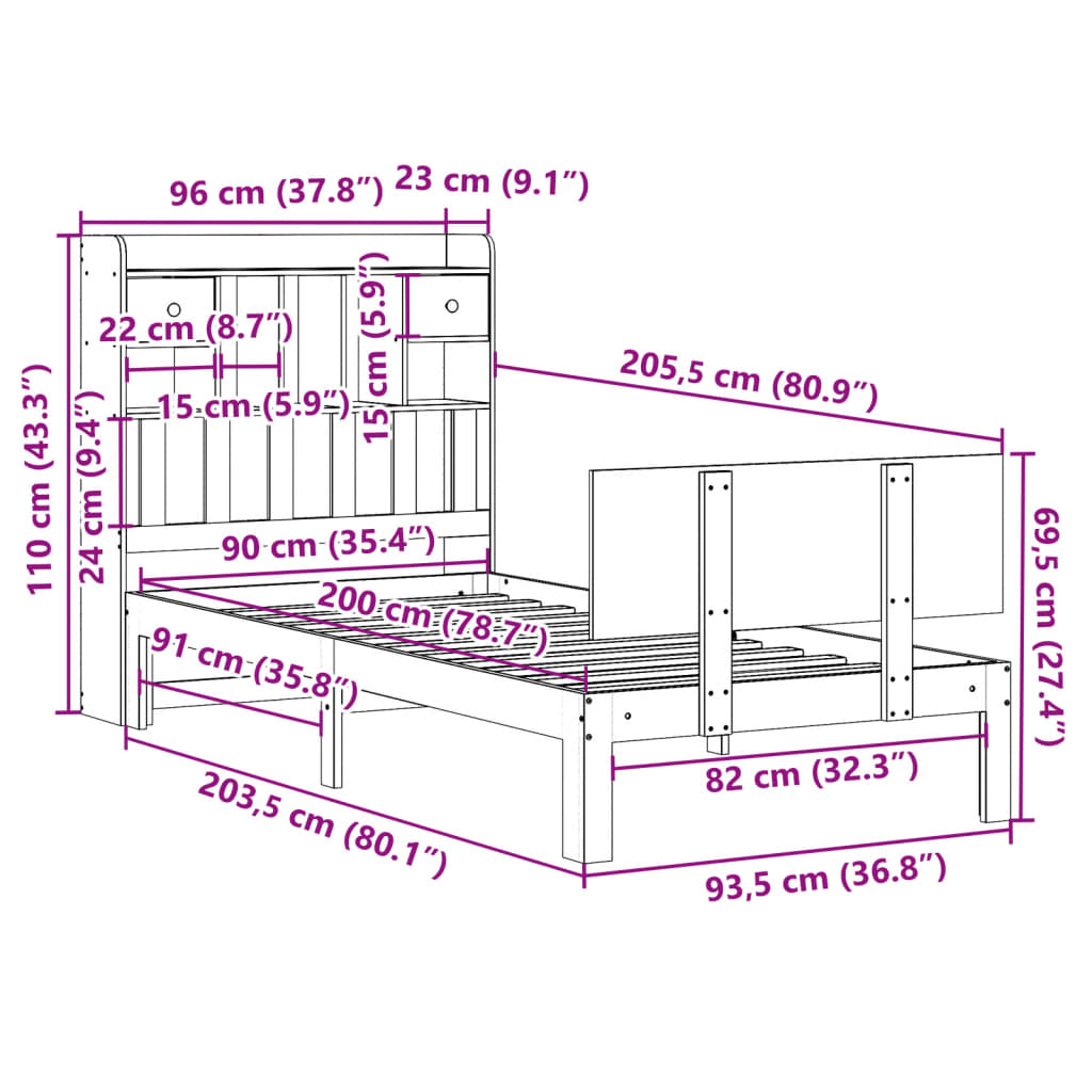 Lit Bibliothèque Sans Matelas Blanc 90X200Cm Bois De Pin Massif