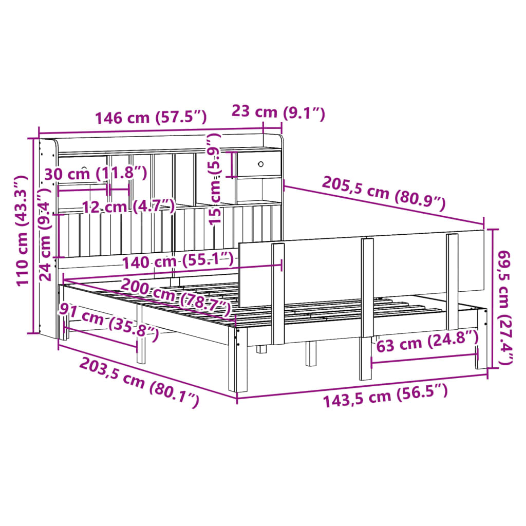 Lit Bibliothèque Sans Matelas Blanc 140X200 Cm Bois Pin Massif