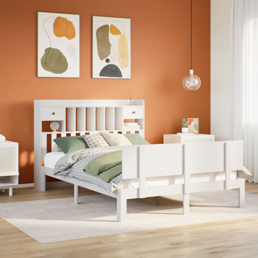Lit Bibliothèque Sans Matelas Blanc 140X200 Cm Bois Pin Massif