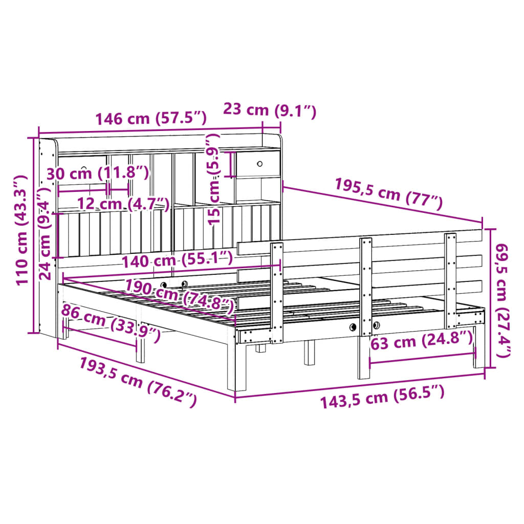 Lit Bibliothèque Sans Matelas Blanc 140X190 Cm Bois Pin Massif
