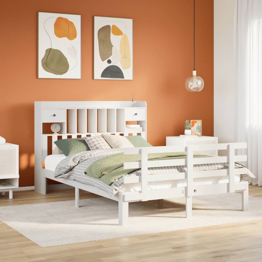 Lit Bibliothèque Sans Matelas Blanc 140X190 Cm Bois Pin Massif