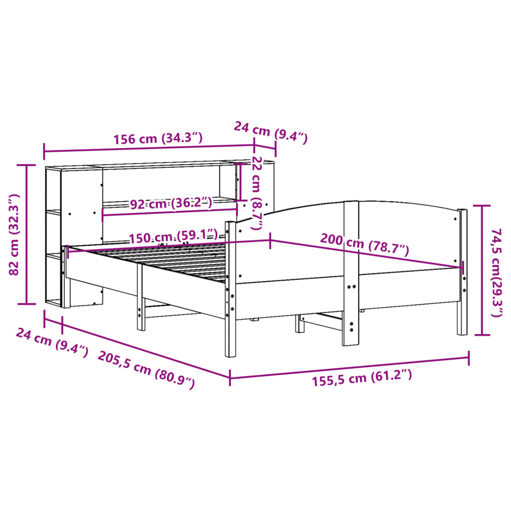 Lit Bibliothèque Sans Matelas Blanc 150X200 Cm Bois Pin Massif