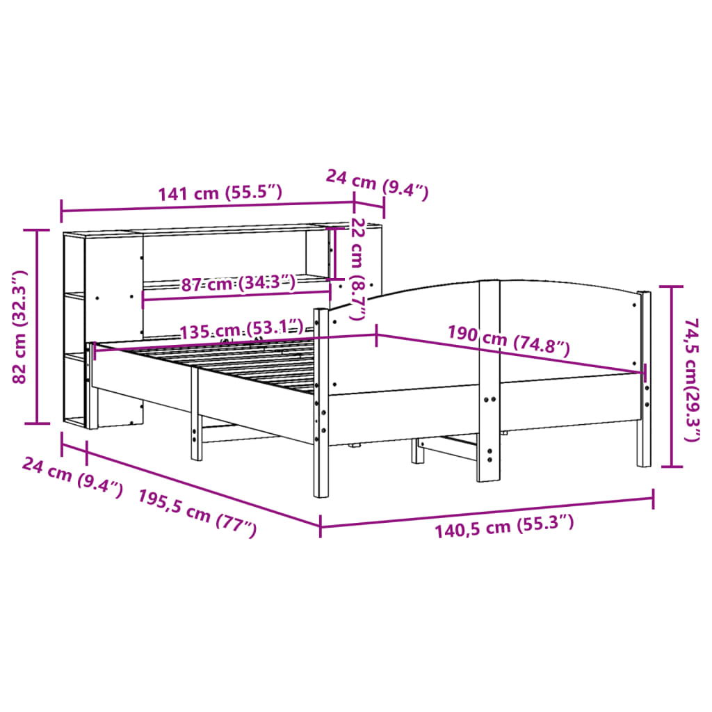 Lit Bibliothèque Sans Matelas Blanc 135X190 Cm Bois Pin Massif