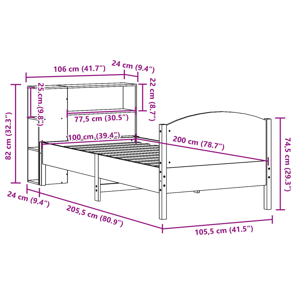 Lit Bibliothèque Sans Matelas Cire Marron 100X200 Cm Pin Massif