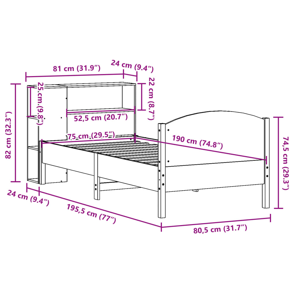 Lit Bibliothèque Sans Matelas 75X190 Cm Bois De Pin Massif