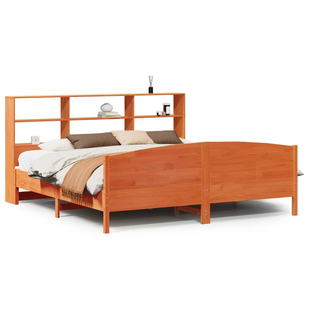 Lit Bibliothèque Sans Matelas Cire Marron 200X200 Cm Pin Massif