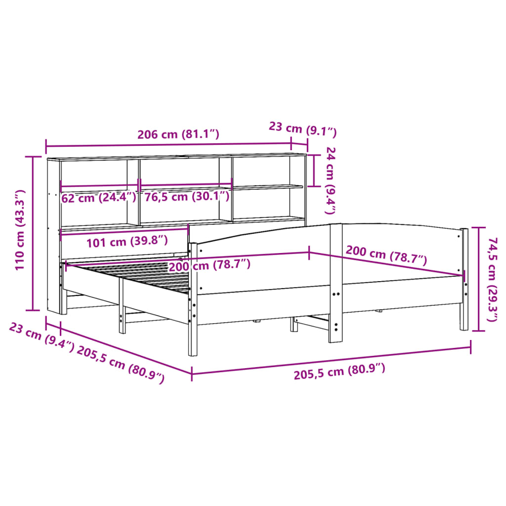 Lit Bibliothèque Sans Matelas Cire Marron 200X200 Cm Pin Massif