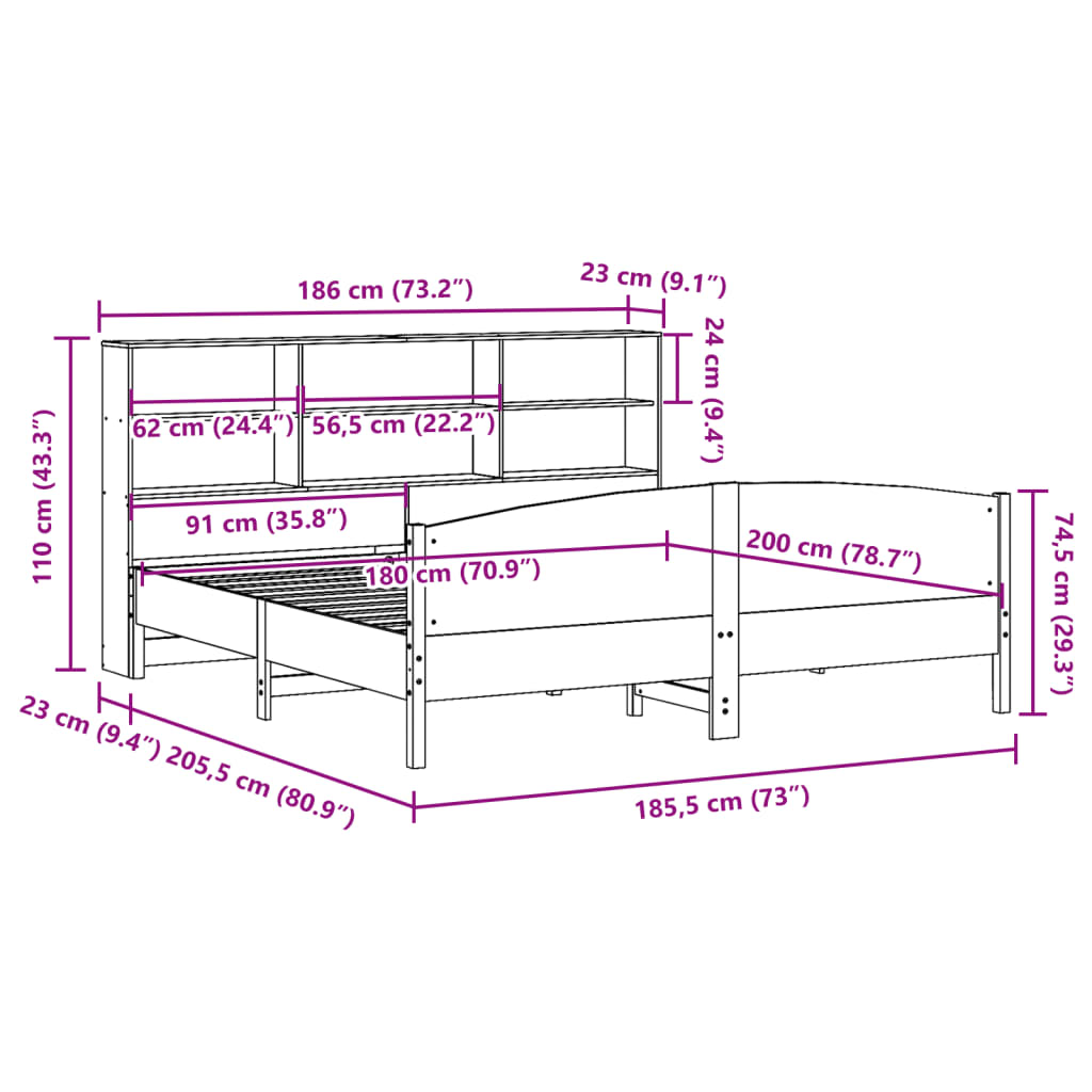 Lit Bibliothèque Sans Matelas Blanc 180X200 Cm Bois Pin Massif