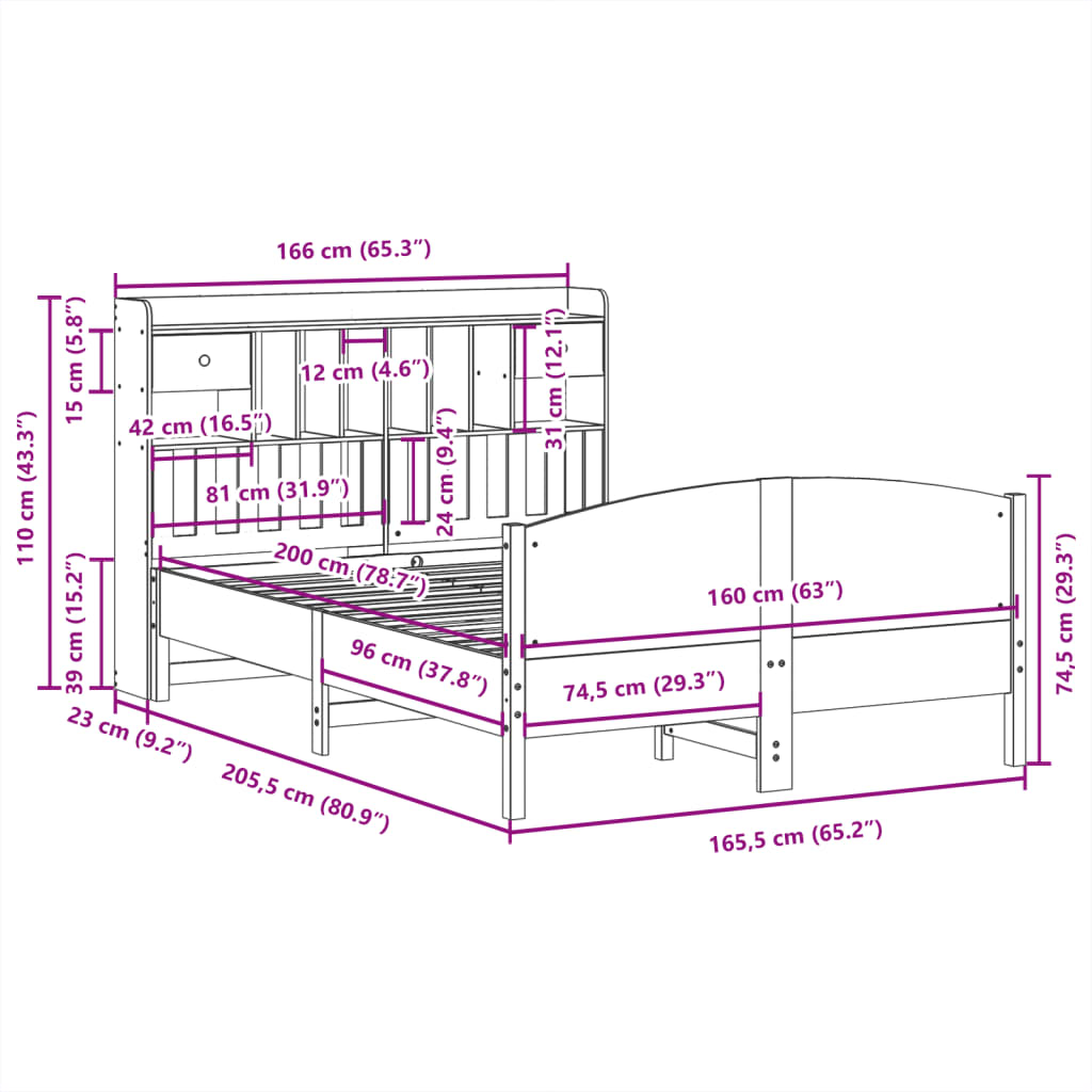Lit Bibliothèque Sans Matelas Cire Marron 160X200 Cm Pin Massif