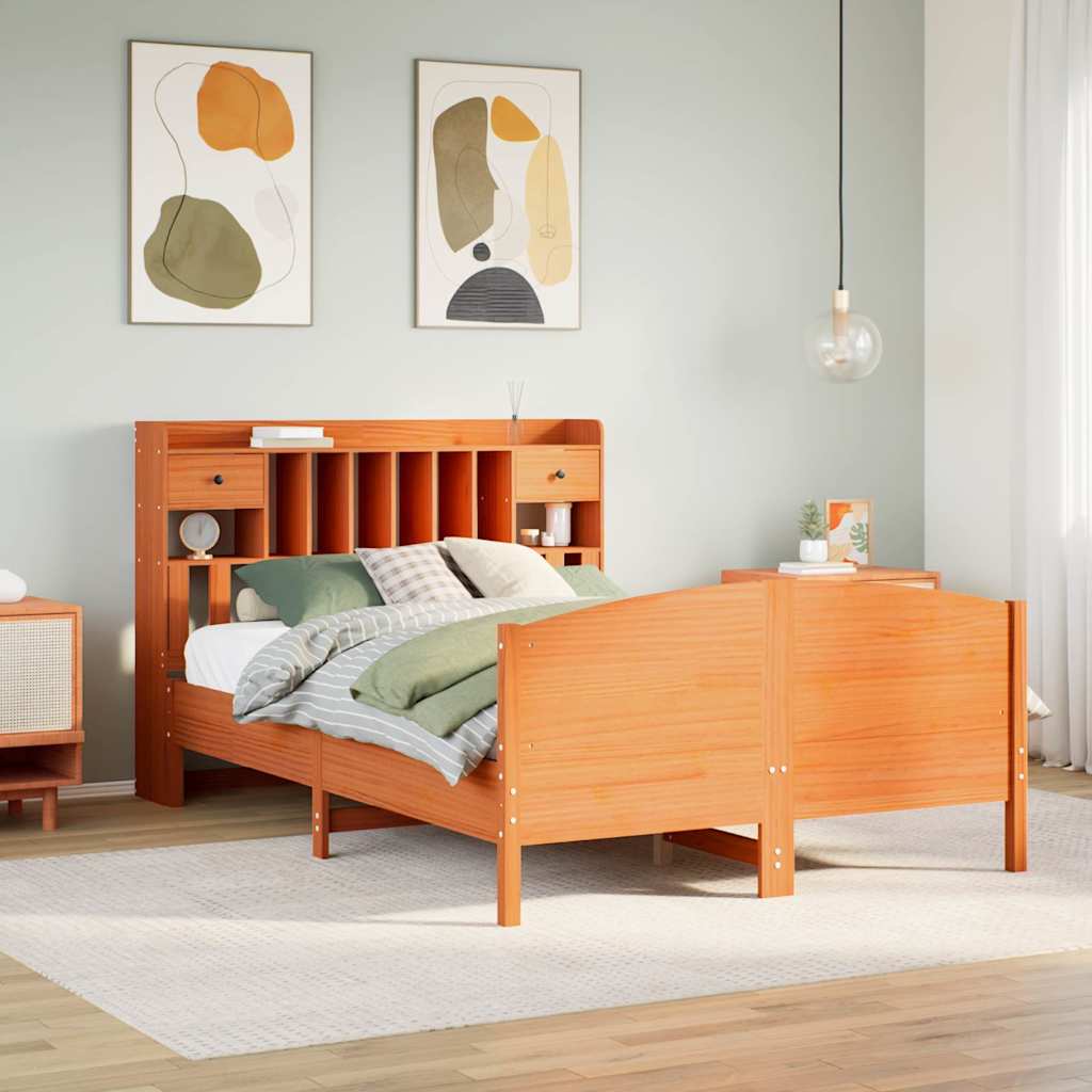 Lit Bibliothèque Sans Matelas Cire Marron 160X200 Cm Pin Massif