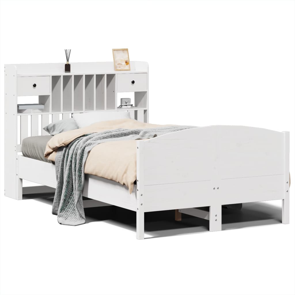 Lit Bibliothèque Sans Matelas Blanc 135X190 Cm Bois Pin Massif