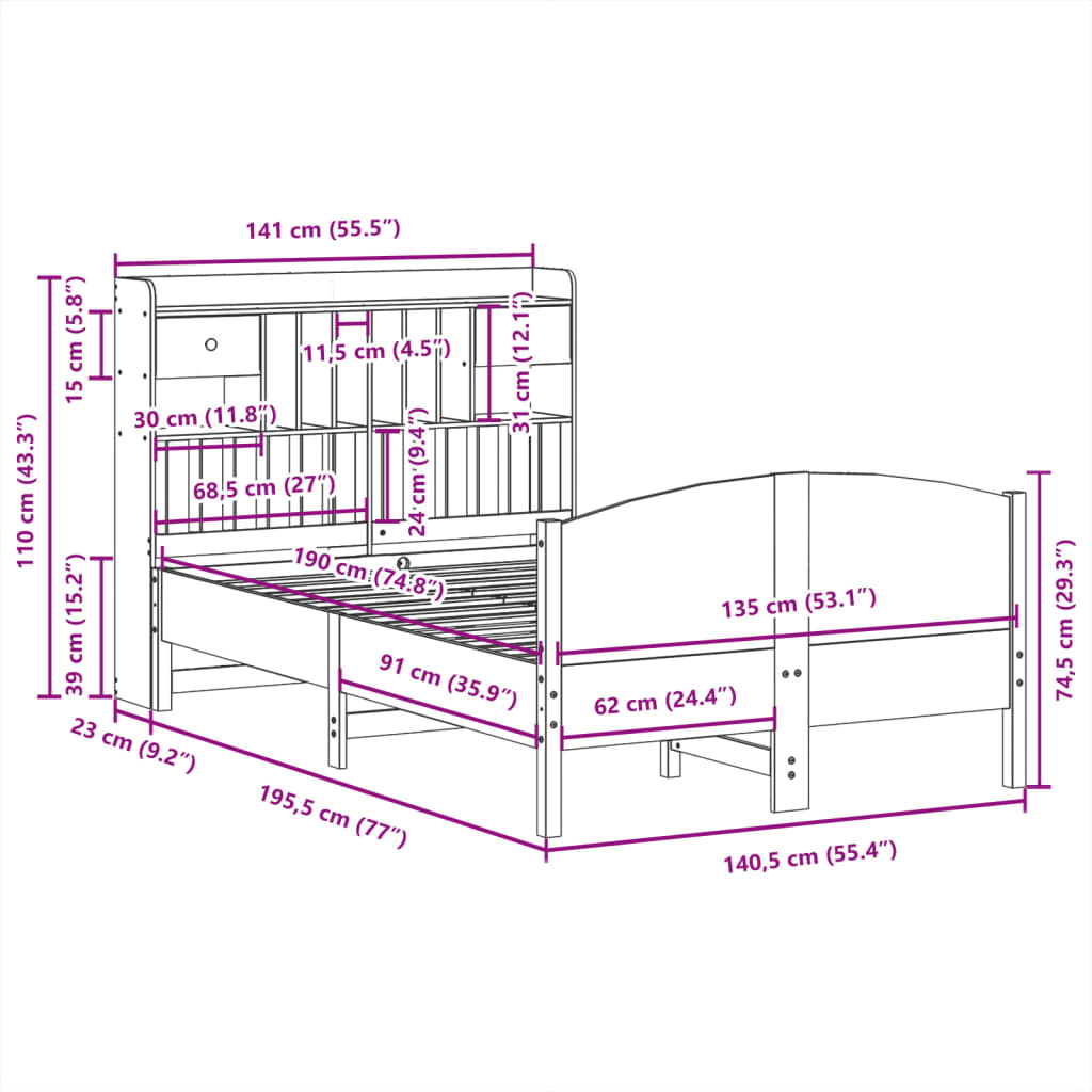 Lit Bibliothèque Sans Matelas Blanc 135X190 Cm Bois Pin Massif