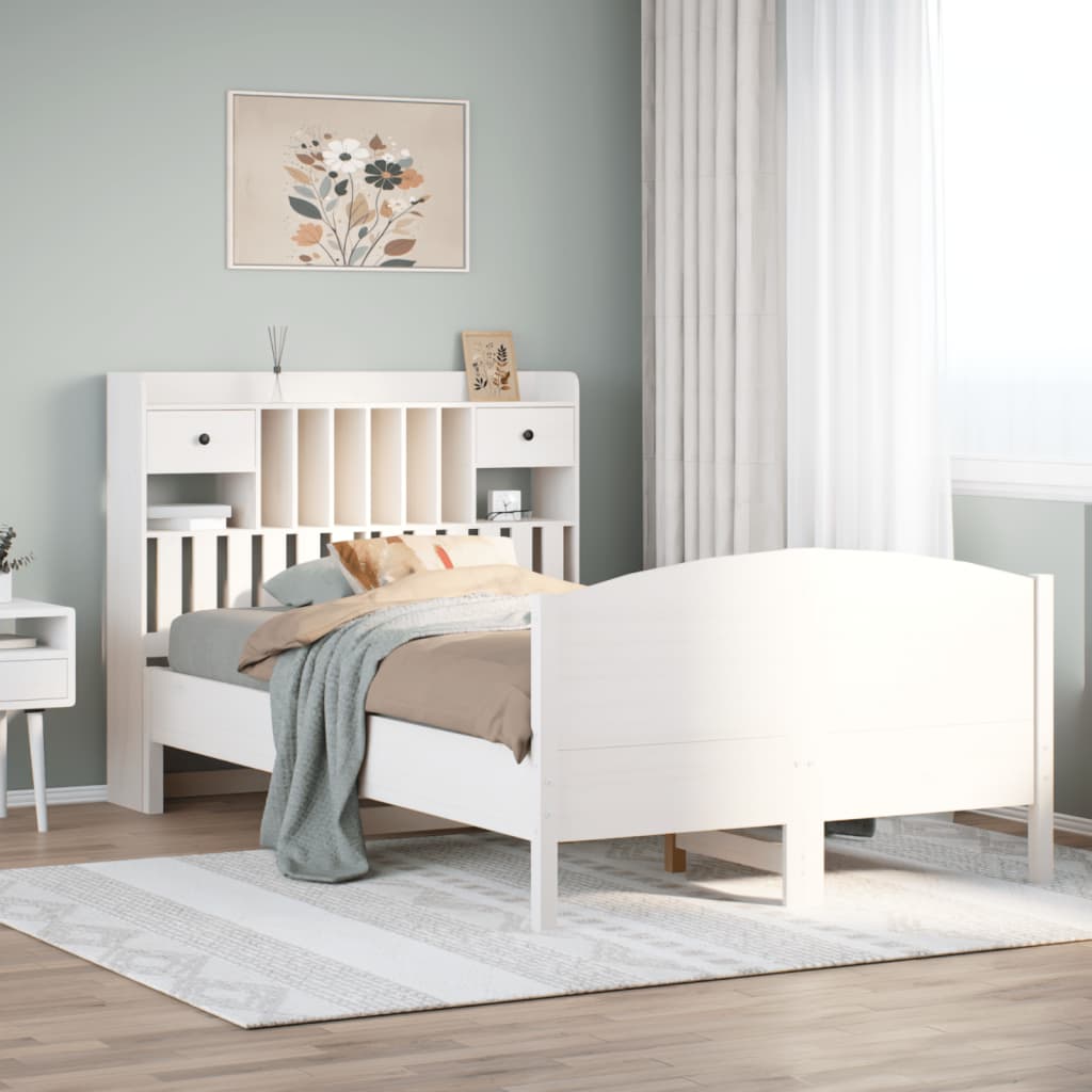 Lit Bibliothèque Sans Matelas Blanc 135X190 Cm Bois Pin Massif