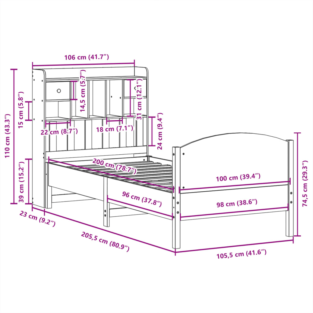 Lit Bibliothèque Sans Matelas 100X200 Cm Bois Massif De Pin