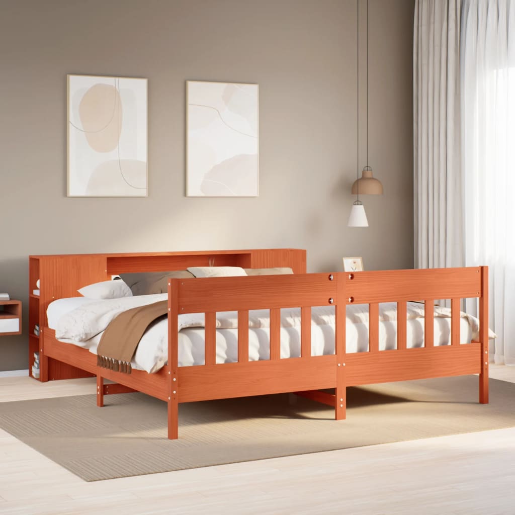 Lit Bibliothèque Sans Matelas Cire Marron 200X200 Cm Pin Massif