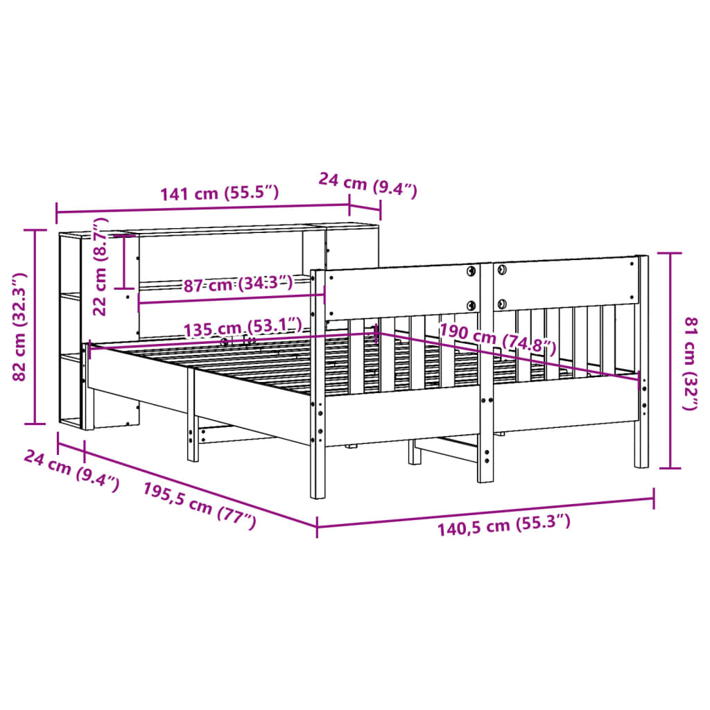 Lit Bibliothèque Sans Matelas 135X190 Cm Bois De Pin Massif