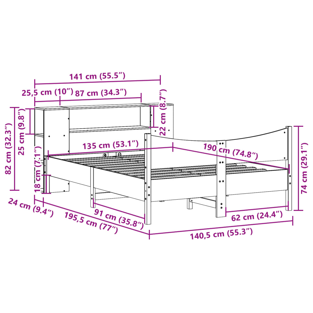 Cadre De Lit Sans Matelas Cire Marron 135X190Cm Bois Pin Massif