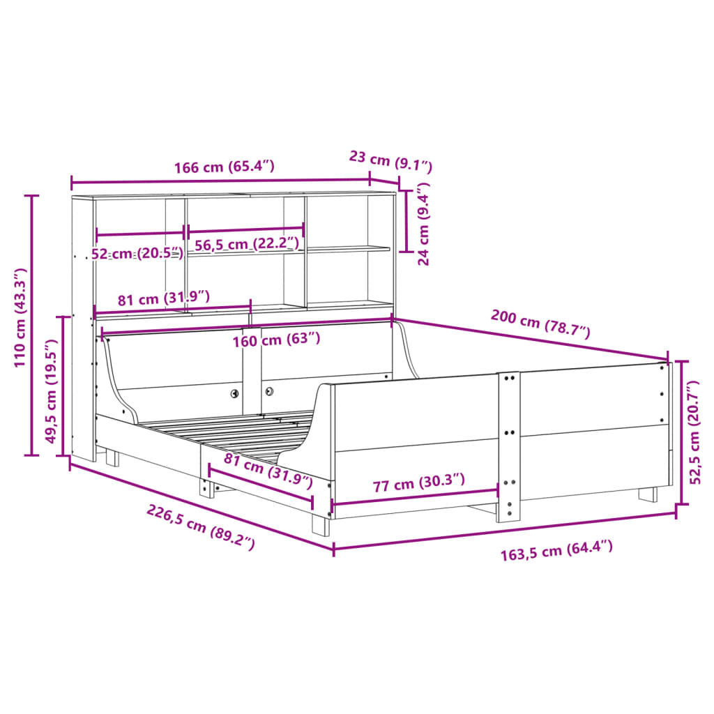 Lit Bibliothèque Sans Matelas Cire Marron 160X200Cm Bois Massif
