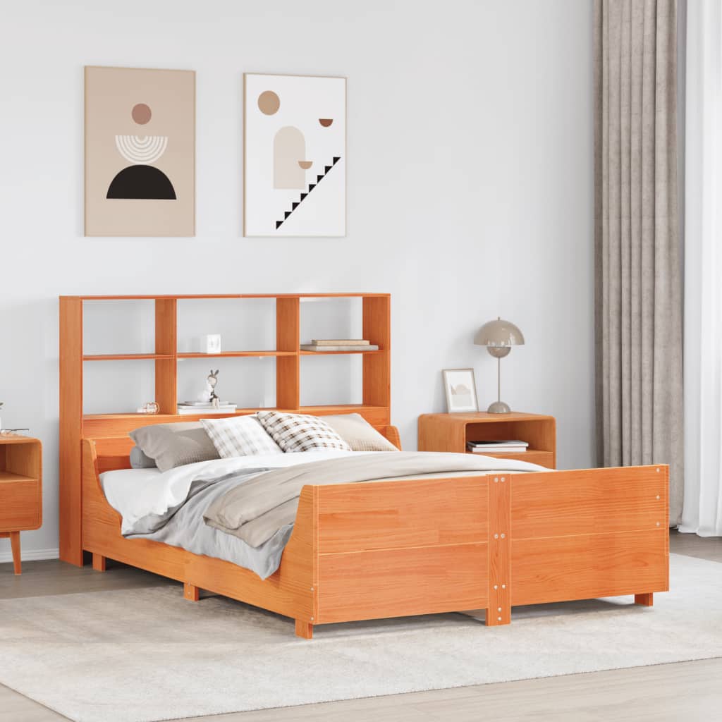 Lit Bibliothèque Sans Matelas Cire Marron 160X200Cm Bois Massif