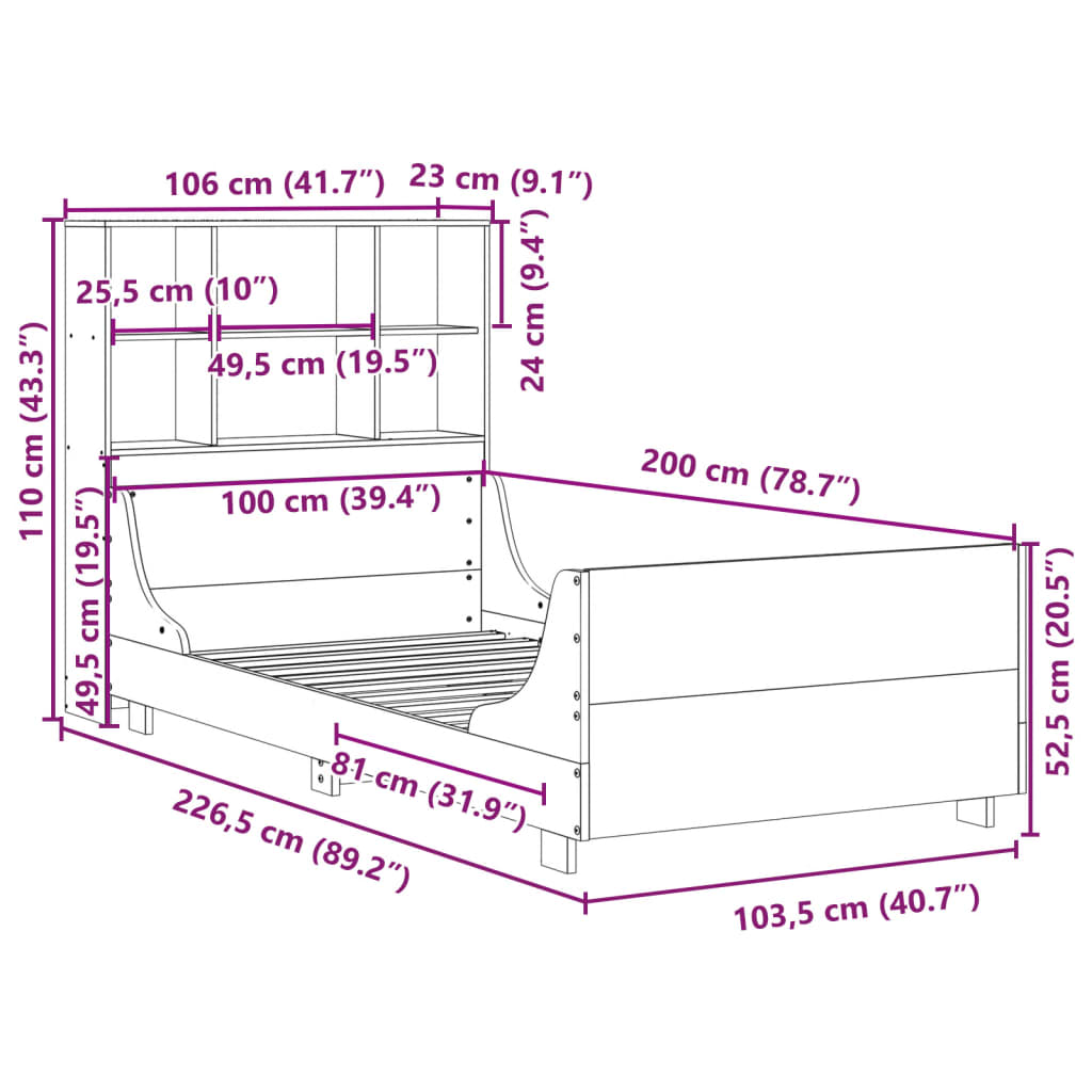 Lit Bibliothèque Sans Matelas Cire Marron 100X200Cm Bois Massif
