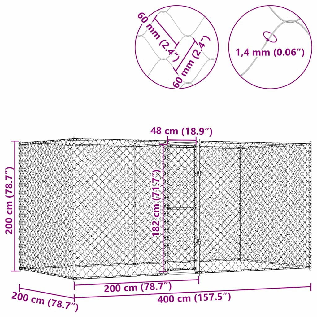 Cage Pour Chien Argenté 400 X 200 X 200 Cm Acier Galvanisé