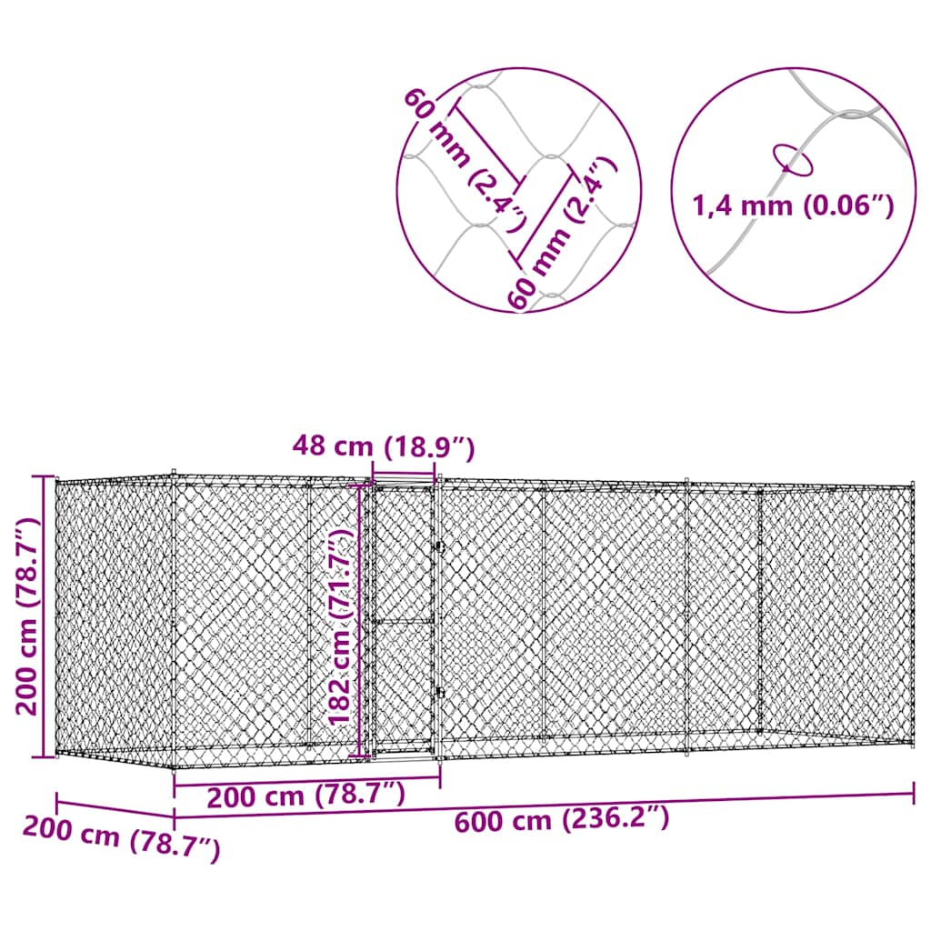 Cage Pour Chien Argenté 600 X 200 X 200 Cm Acier Galvanisé