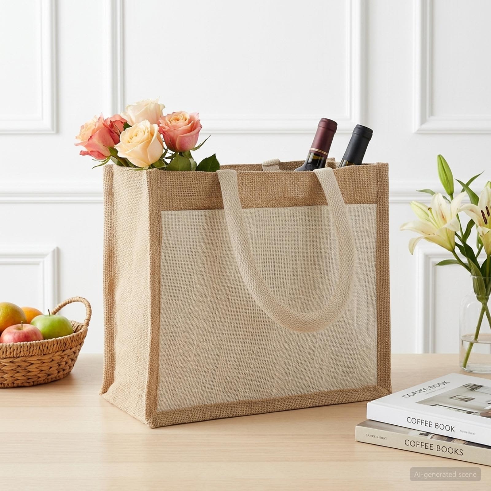 Sacs En Jute Avec Poche 10 Naturel Et Blanc