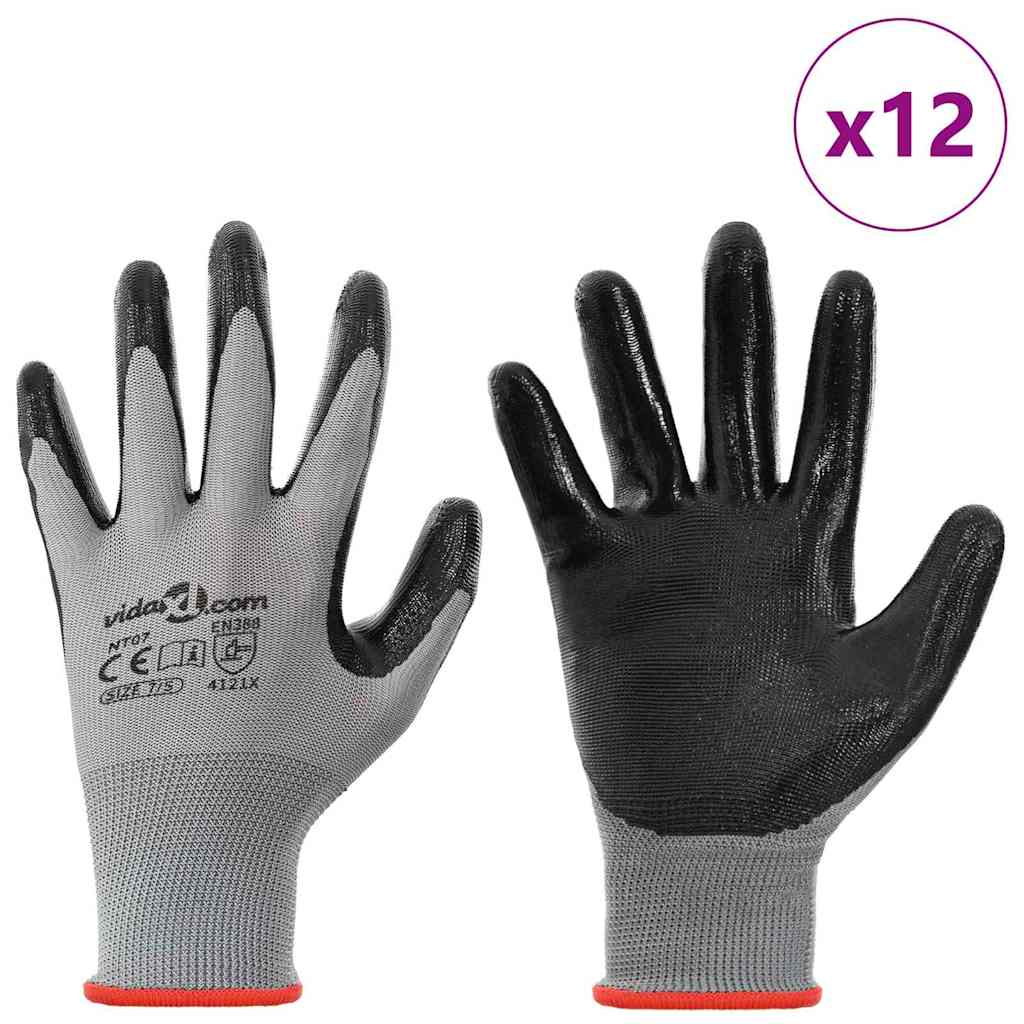 Gants De Travail 12 Pièces Gris Et Noir 7 / S Polyester