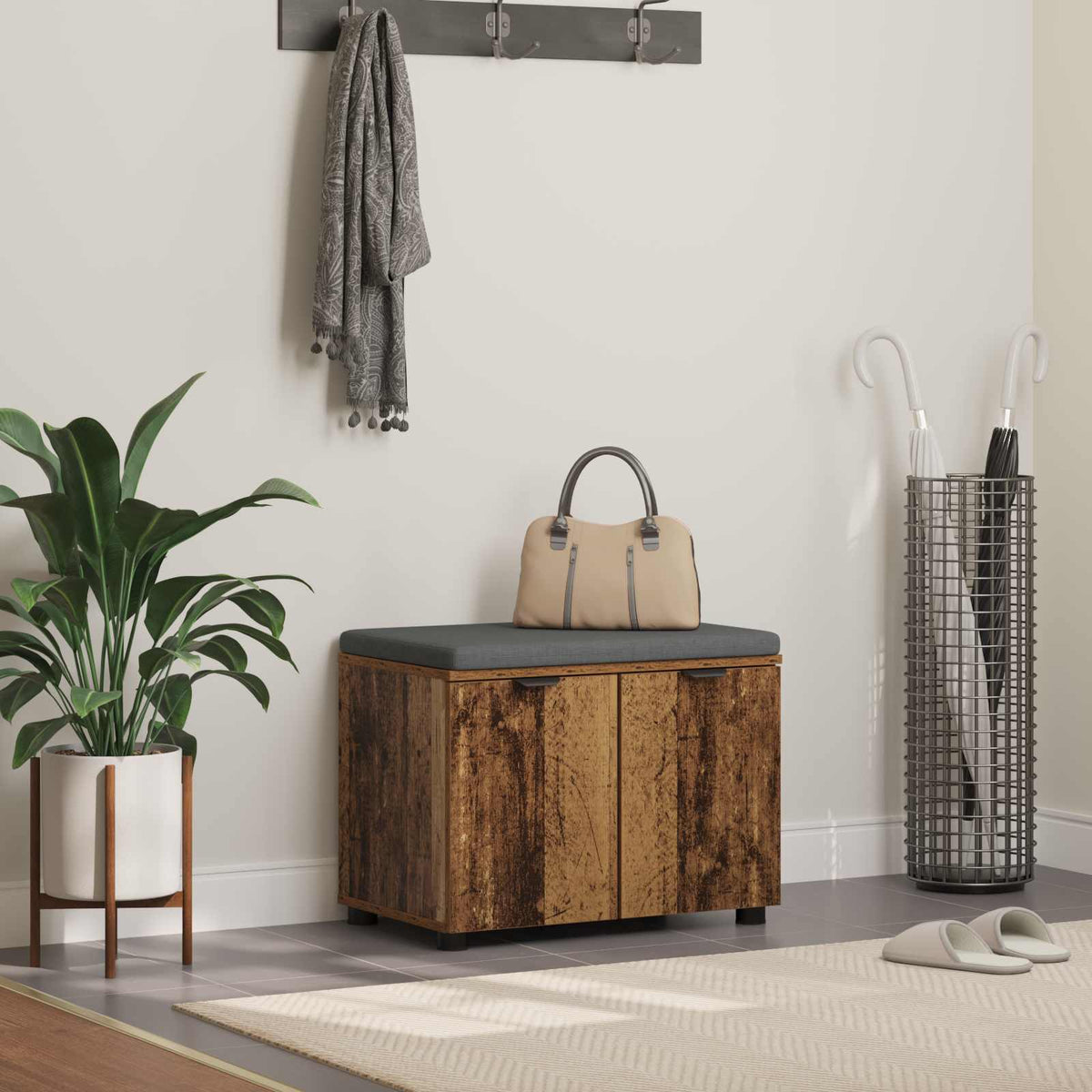 Banc D'entrée 60 X 38 X 46 Cm Bois Ingénierie Et Tissu