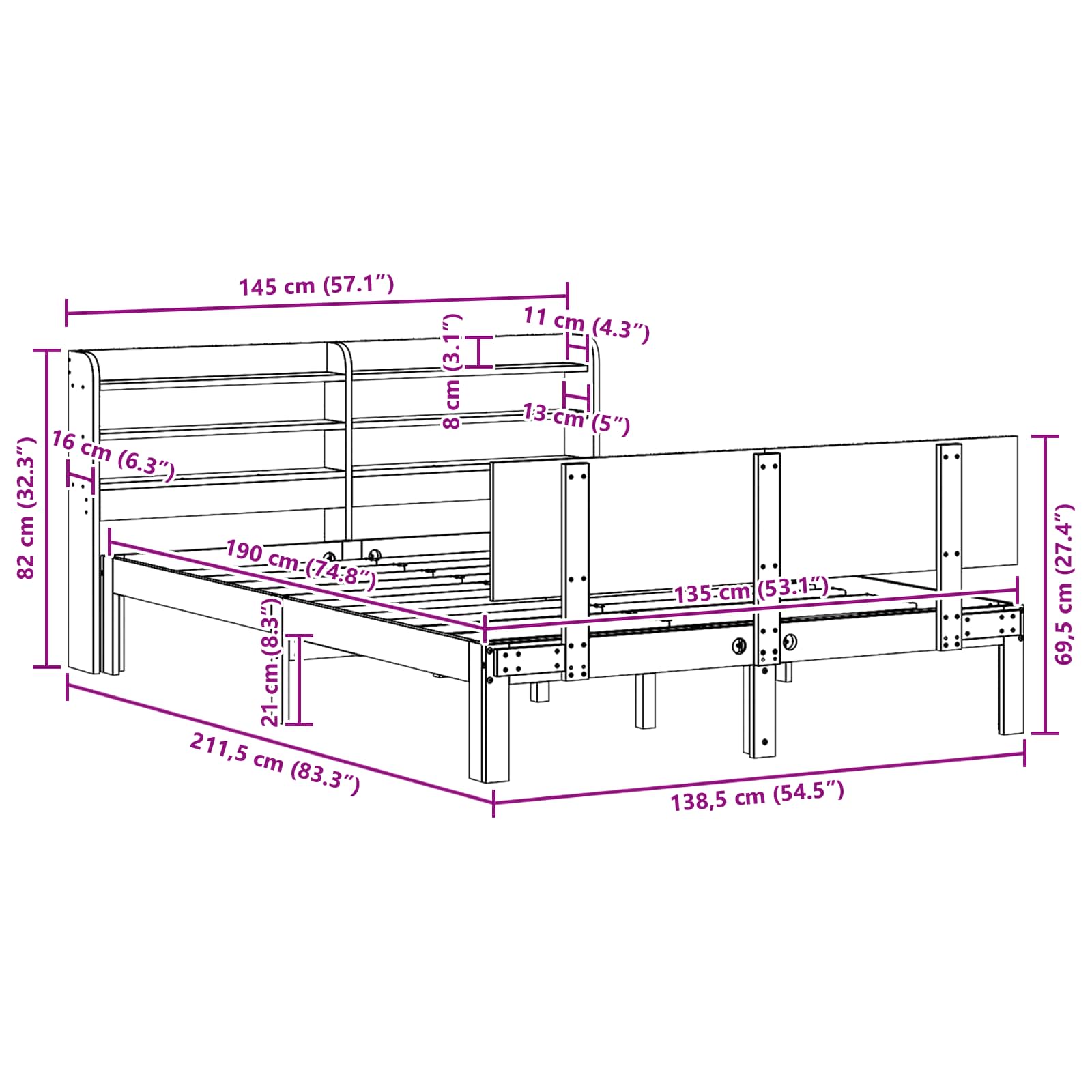 Cadre De Lit Avec Étagère 2 Pc Bois De Pin Massif