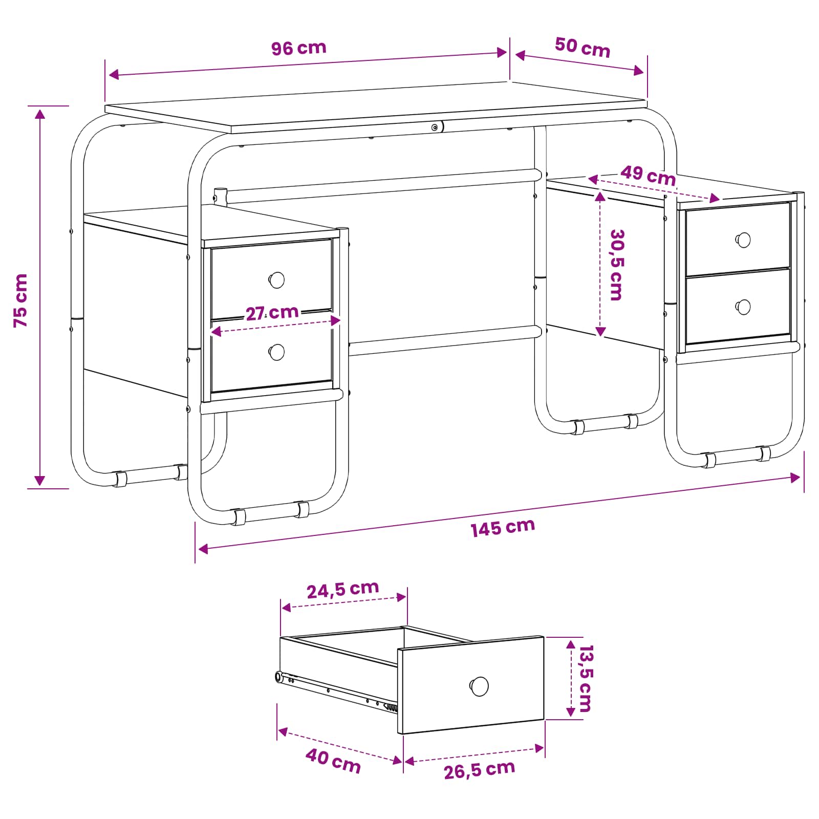 Bureau Avec Rangement 145 X 50 X 75 Cm