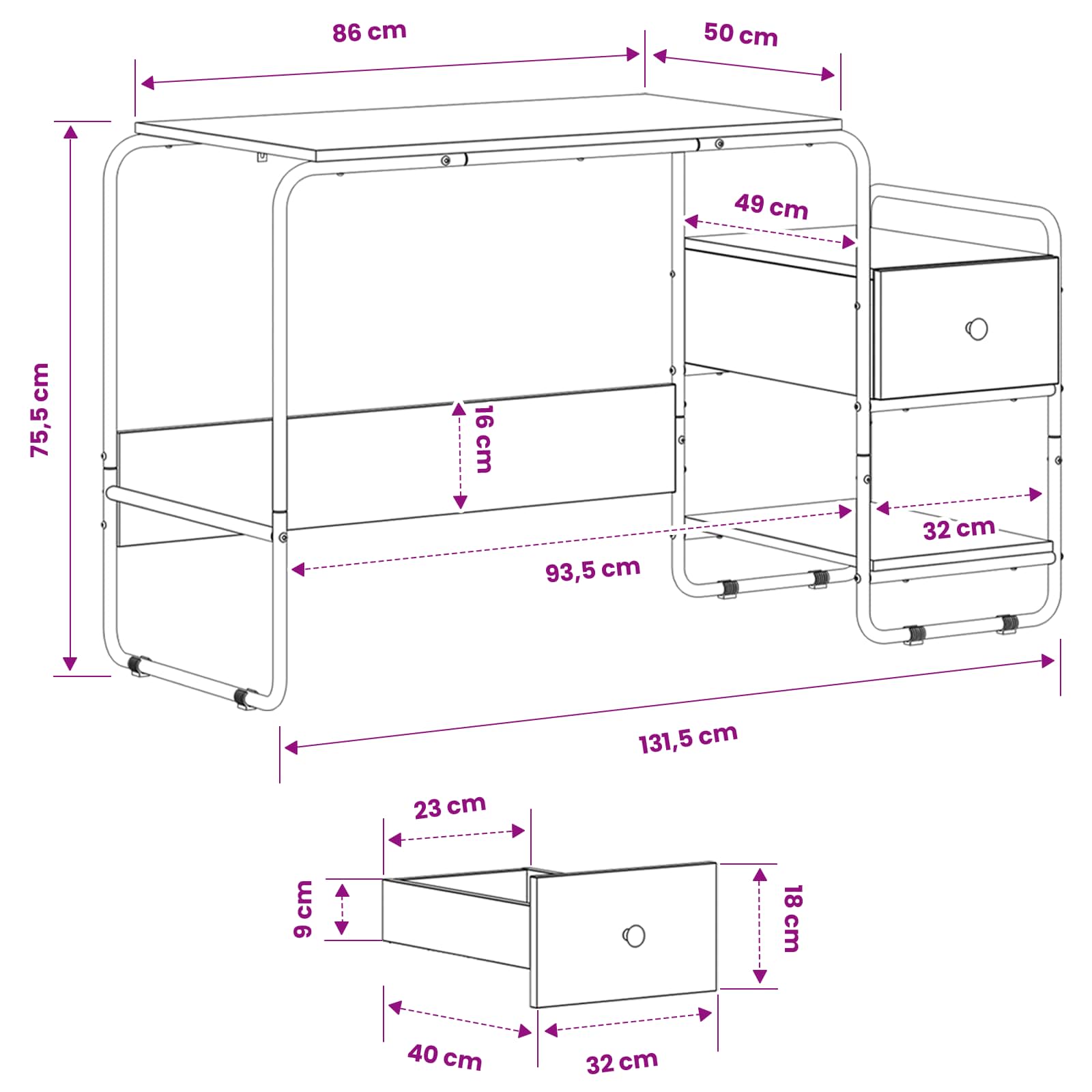 Bureau Avec Rangement 131,5 X 50 X 75,5 Cm