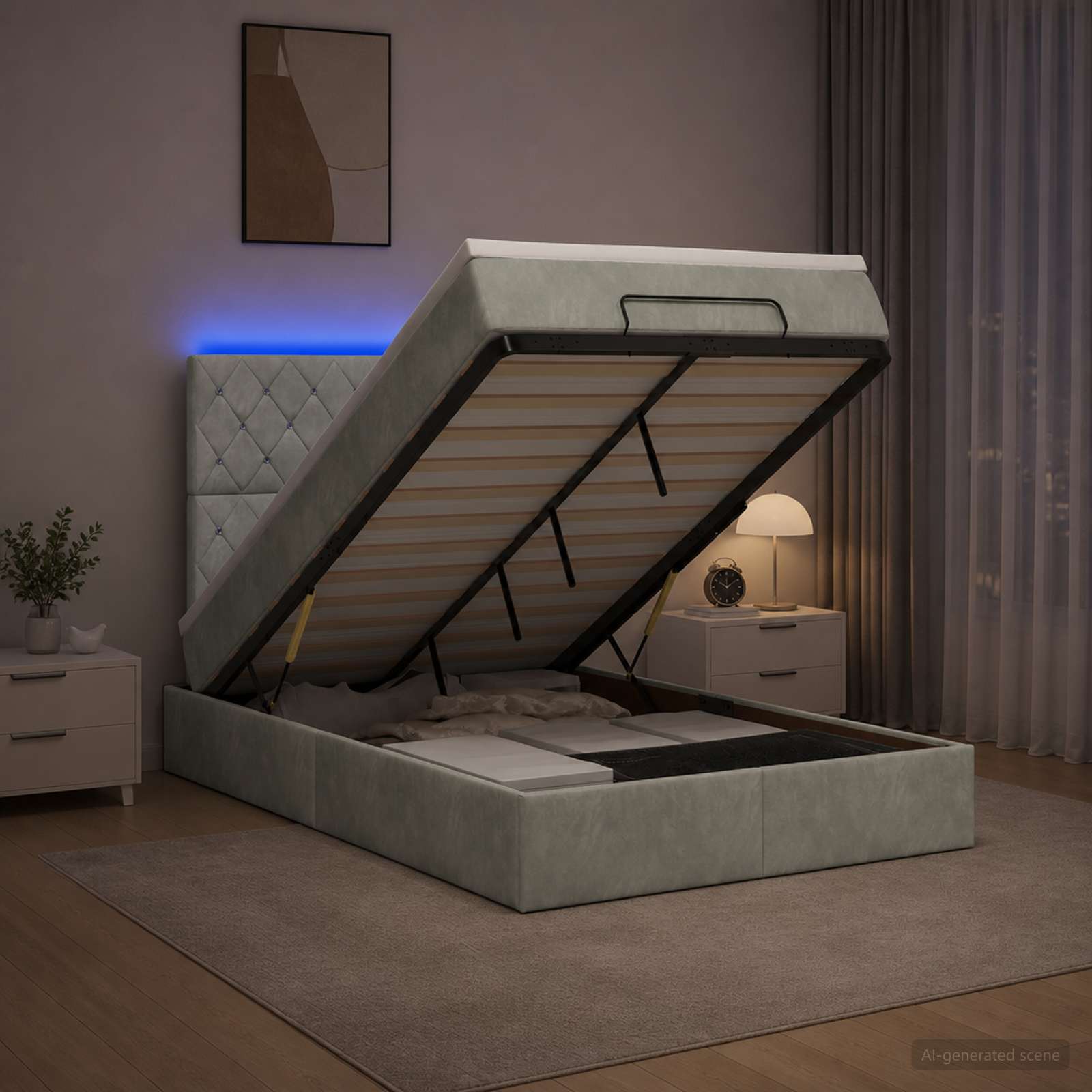 Lit Coffre Avec Matelas Et Led Velours