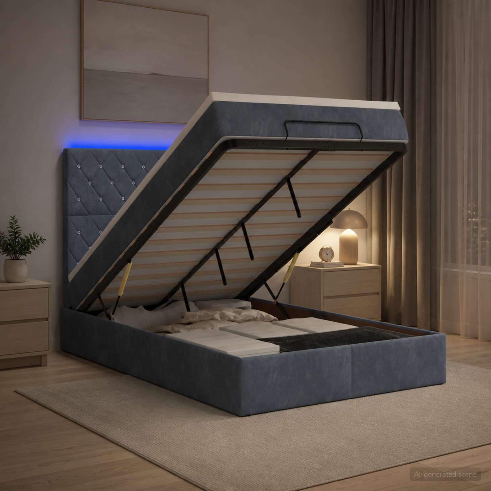 Lit Coffre Avec Matelas Et Led Velours