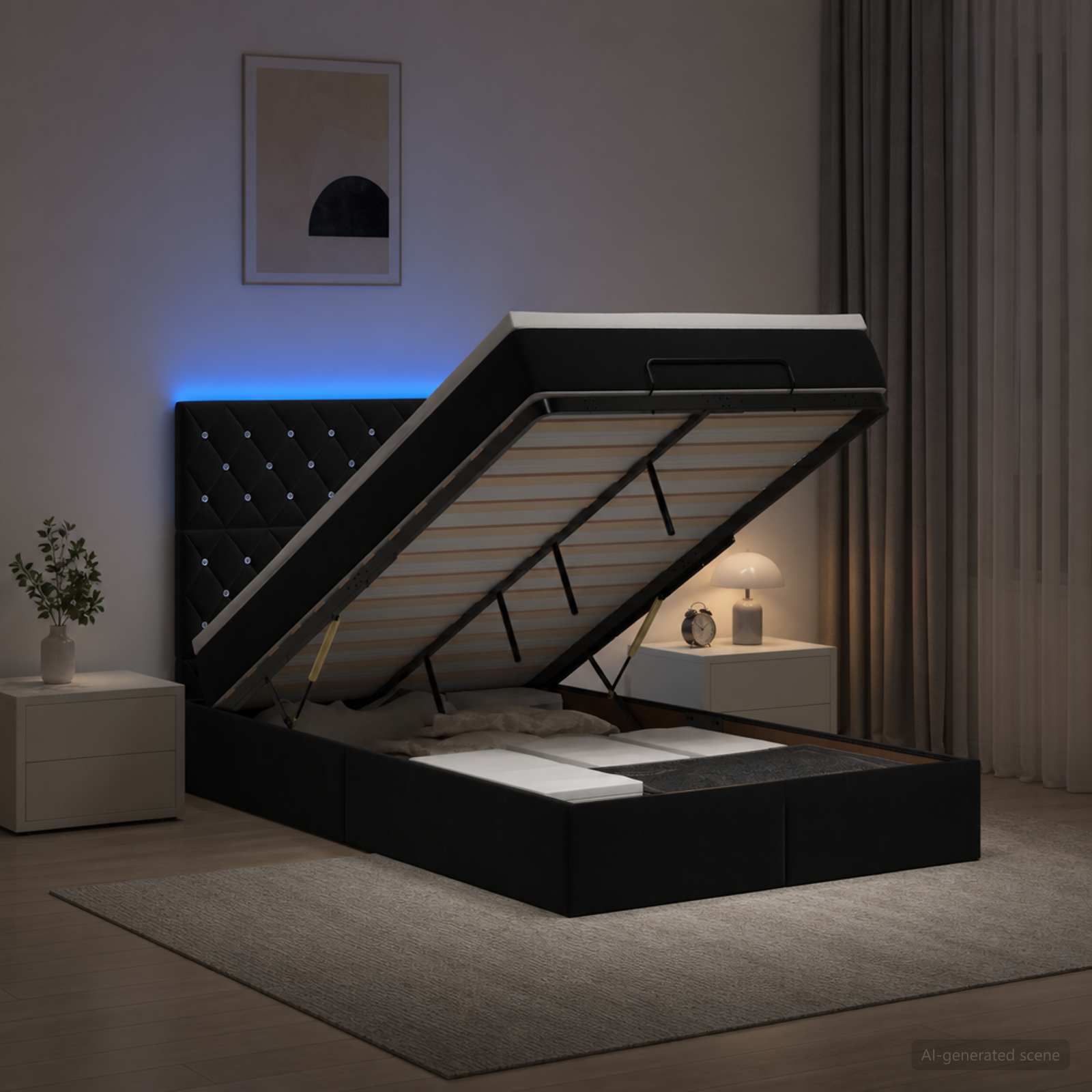 Lit Coffre Avec Matelas Et Led Velours