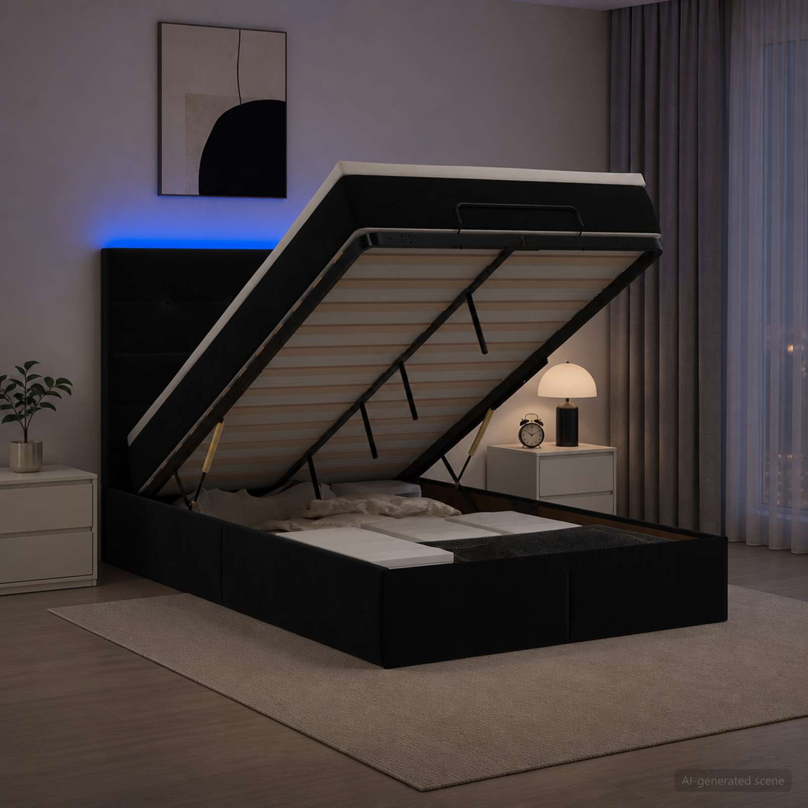 Lit Coffre Avec Matelas Et Led Velours