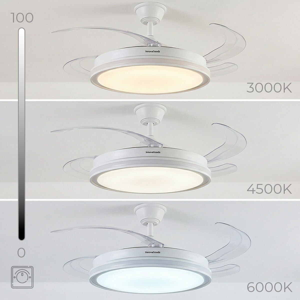 Ventilateur de plafond avec lumière LED RGB, 4 pales rétractables et télécommande InnovaGoods